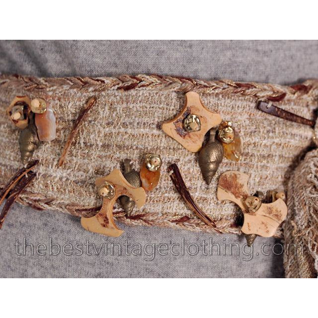 Vintage 1980s Belt Stijfselkissie Marijke Benedict Natural Linen Shells Wood Trinkets. Medium Accessories Stijfselkissie