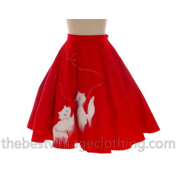 Vintage Circle Skirt Red Felt White Furry Kittens Cats Kitty 1950s Large 32 Waist L The Best Vintage Clothing