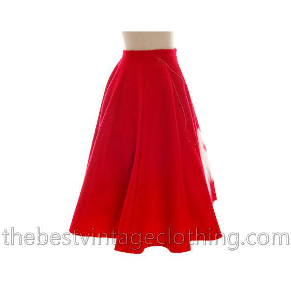 Vintage Circle Skirt Red Felt White Furry Kittens Cats Kitty 1950s Large 32 Waist L The Best Vintage Clothing