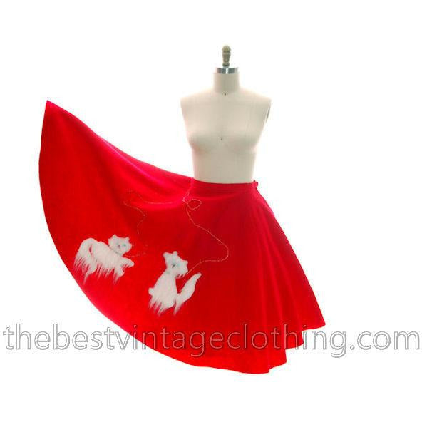 Vintage Circle Skirt Red Felt White Furry Kittens Cats Kitty 1950s Large 32 Waist L The Best Vintage Clothing