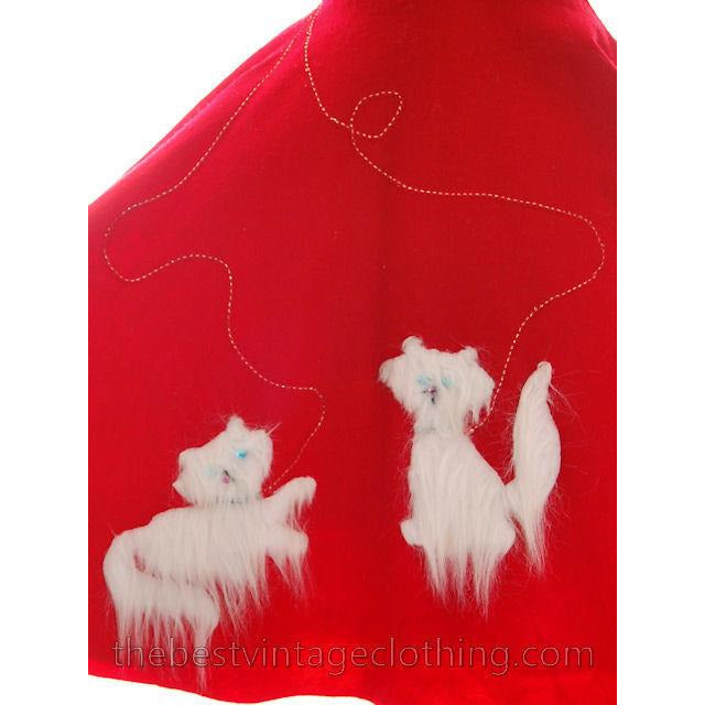 Vintage Circle Skirt Red Felt White Furry Kittens Cats Kitty 1950s Large 32 Waist L The Best Vintage Clothing