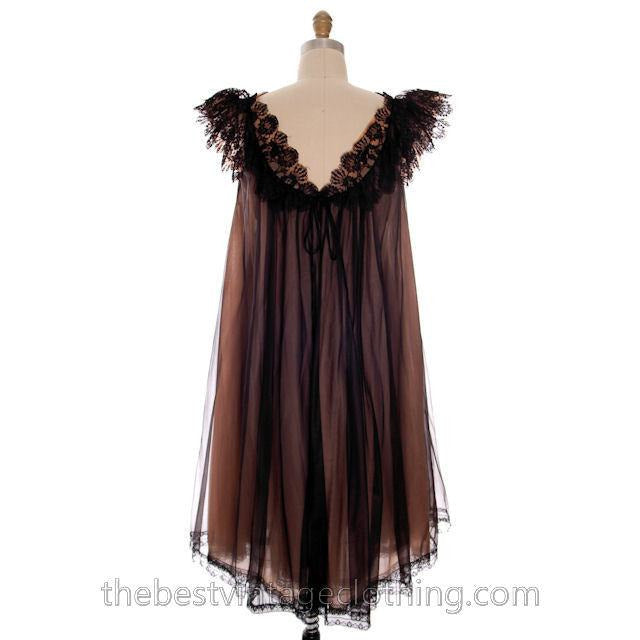 Vintage Nylon 2PC Peignoir Saks Fifth Ave Black 1950s Sheer Lucie Like M The Best Vintage Clothing