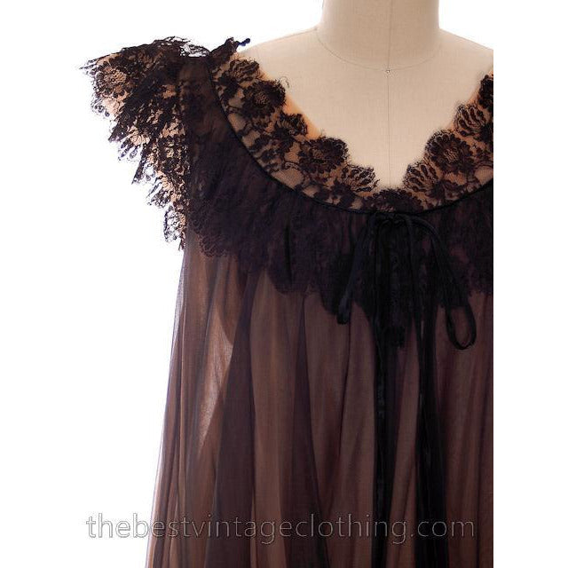 Vintage Nylon 2PC Peignoir Saks Fifth Ave Black 1950s Sheer Lucie Like M The Best Vintage Clothing