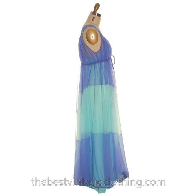 Vintage Aqua Blue Nylon Chiffon 2PC Nightgown Blanche Ralph Montenero Long Sweeping Hemline M The Best Vintage Clothing