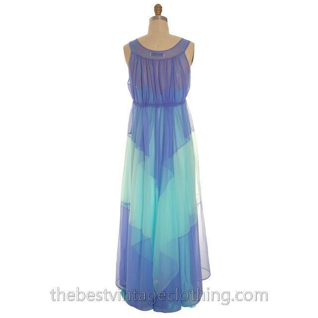Vintage Aqua Blue Nylon Chiffon 2PC Nightgown Blanche Ralph Montenero Long Sweeping Hemline M The Best Vintage Clothing