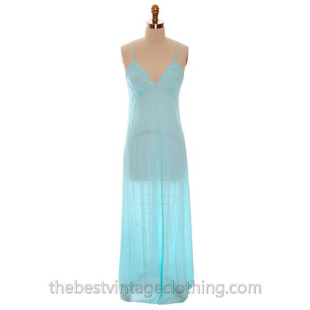 Vintage Aqua Blue Nylon Chiffon 2PC Nightgown Blanche Ralph Montenero Long Sweeping Hemline M The Best Vintage Clothing