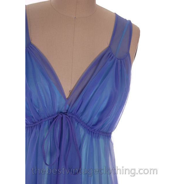 Vintage Aqua Blue Nylon Chiffon 2PC Nightgown Blanche Ralph Montenero Long Sweeping Hemline M The Best Vintage Clothing