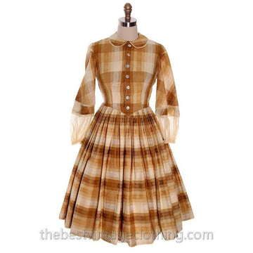 Vintage 1950s Day Dress Susan Evans Cotton Madras Plaid Full Skirt 34-26-Free Small Women's,New Arrivals The Best Vintage Clothing