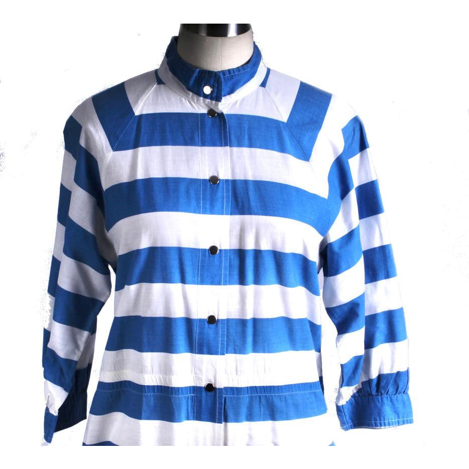 Vintage Vuokko Cotton Dress Blue & White Stripes Womens XS/S Snaps Coat-Dress marimekko The Best Vintage Clothing