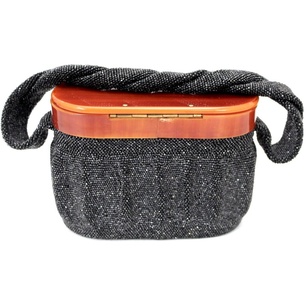 Vintage Box Purse Black Glass Beaded Bag 1940S Womens Butterscotch Bakelite Top Handbags The Best Vintage Clothing
