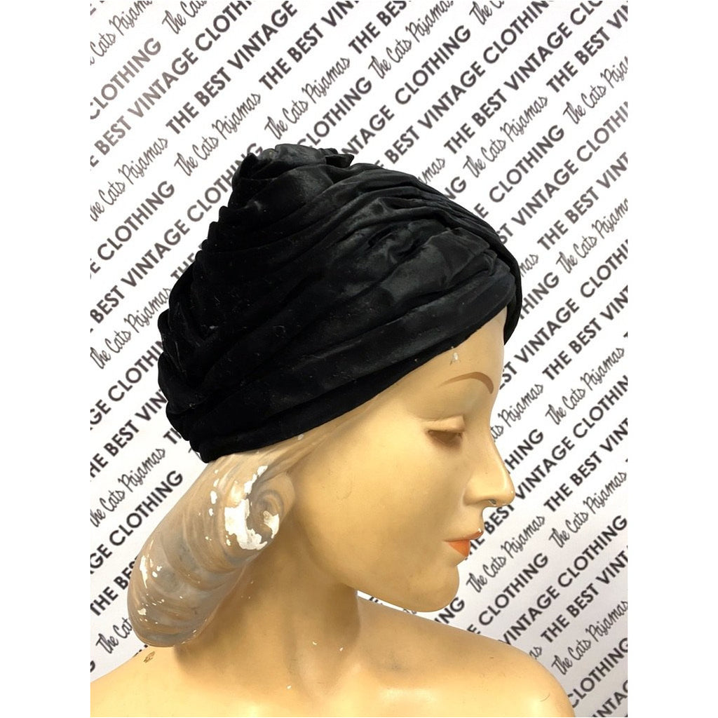 Vtg Christian Dior Black Silk Velvet Turban Hat 1950s M/L Hats The Best Vintage Clothing