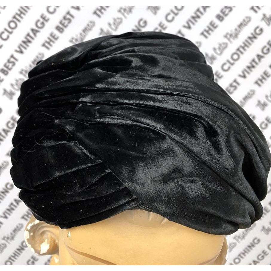 Vtg Christian Dior Black Silk Velvet Turban Hat 1950s M/L Hats The Best Vintage Clothing