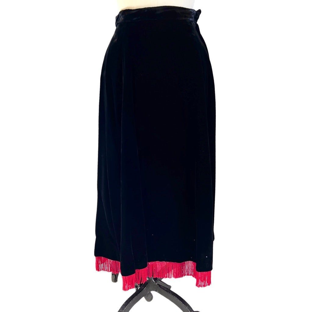 Vintage Black Velvet Full Skirt w Red Fringe Hem 1940s Small Modern Jr Cart2cart The Best Vintage Clothing