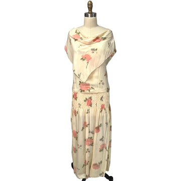 Vintage Printed Silk Watercolor Smocked Waist Tea Dress 1920s Rare Fin ...
