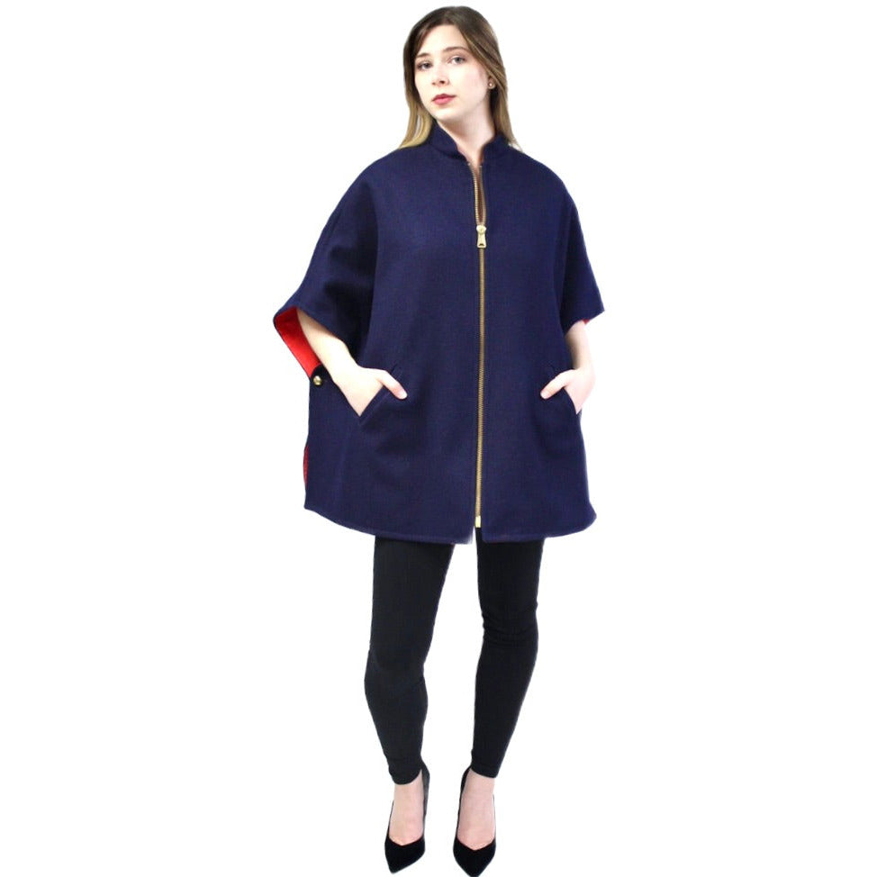 Reversible Vintage Wool Cape Red/Blue 1960s Brass Zipper Mod O/S capes The Best Vintage Clothing
