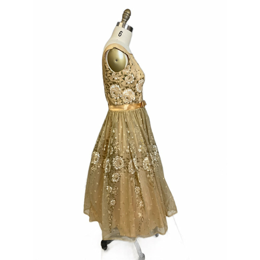 VTG Dress 50s Sheer Nylon Overlay Full Skirt Day/Party Gold White Hand Painted S Dresses The Best Vintage Clothing