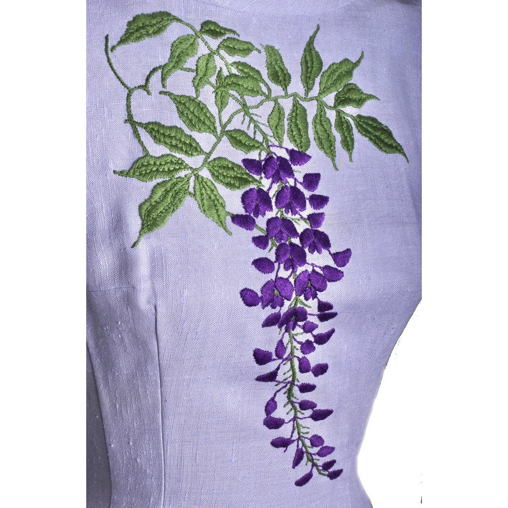 Vintage Jeane Scott Wiggle Dress 1950s Lavender Linen Wisteria Motif Womens S Women's,New Arrivals The Best Vintage Clothing