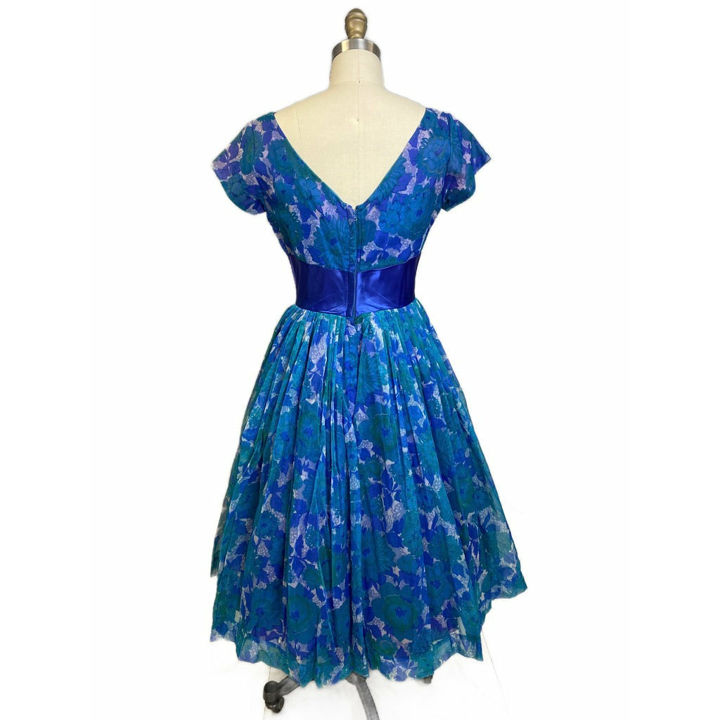VTG Dress 50s Sheer Nylon Overlay Full Skirt Day/Party Blue Floral S Wide Waist Dresses The Best Vintage Clothing