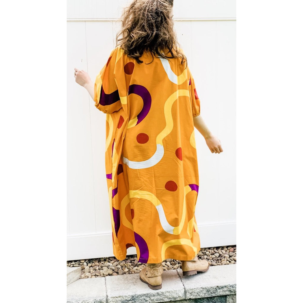 Vintage Marimekko Gown ”Mutka” Pentti Rinta 1975 O/S Cotton Gold Purple Dot Sack Dress marimekko The Best Vintage Clothing