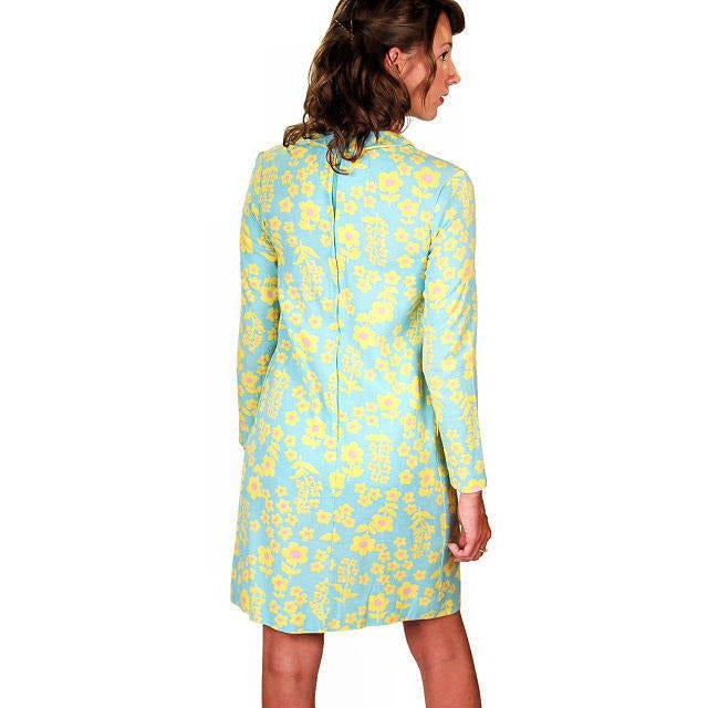 Vtg 60s 70s Mod Mini Dress Linen Print Jeune Leique XS Blue Yellow Floral Cart2cart The Best Vintage Clothing
