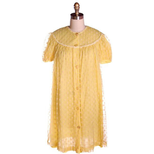 Vintage Baby Doll Nighty Yellow Polka Dot FLocked Nylon 1970s Small - The Best Vintage Clothing
 - 1