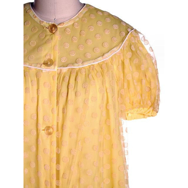 Vintage Baby Doll Nighty Yellow Polka Dot FLocked Nylon 1970s Small Women's,On Sale The Best Vintage Clothing