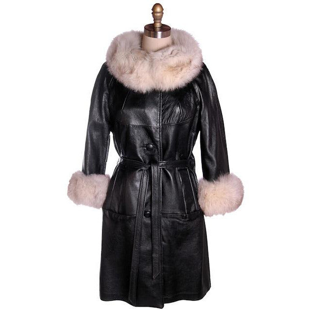 Vintage Black Leather Ladies Coat w White Fox Trim 1960s Women's,New Arrivals The Best Vintage Clothing