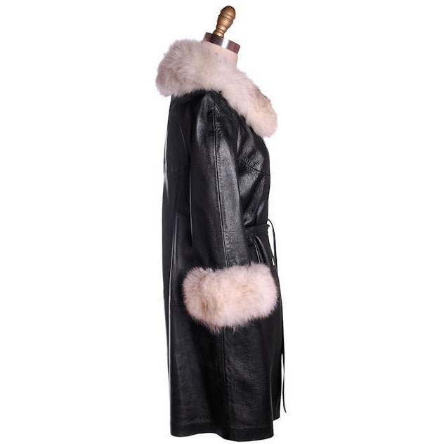 Vintage Black Leather Ladies Coat w White Fox Trim 1960s Women's,New Arrivals The Best Vintage Clothing