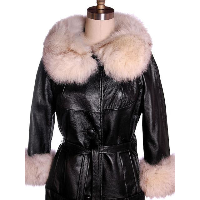 Vintage Black Leather Ladies Coat w White Fox Trim 1960s Women's,New Arrivals The Best Vintage Clothing