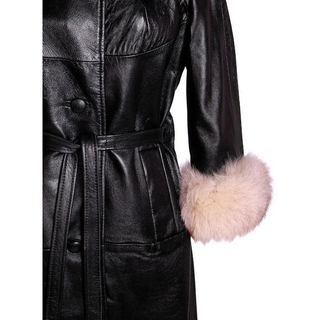 Vintage Black Leather Ladies Coat w White Fox Trim 1960s Women's,New Arrivals The Best Vintage Clothing