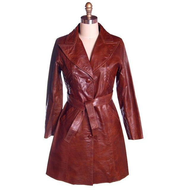 Vintage Ladies Leather Short Trench Coat Brown 1970s S-M J. Munoz Women's,New Arrivals J.Munoz