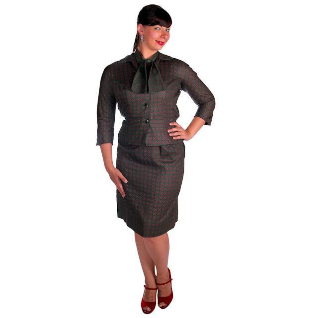 Vintage Ladies Cotton Dress & Jacket Green & Red Print Peck & Peck 39-29-41 Cart2cart The Best Vintage Clothing