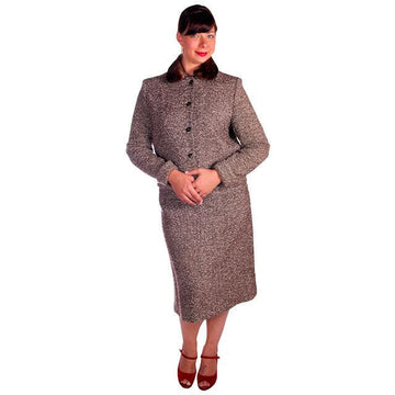 Vintage Brown Tweed Wool Ladies Suit Mink Collar 1950s 43-30-43 Women's The Best Vintage Clothing