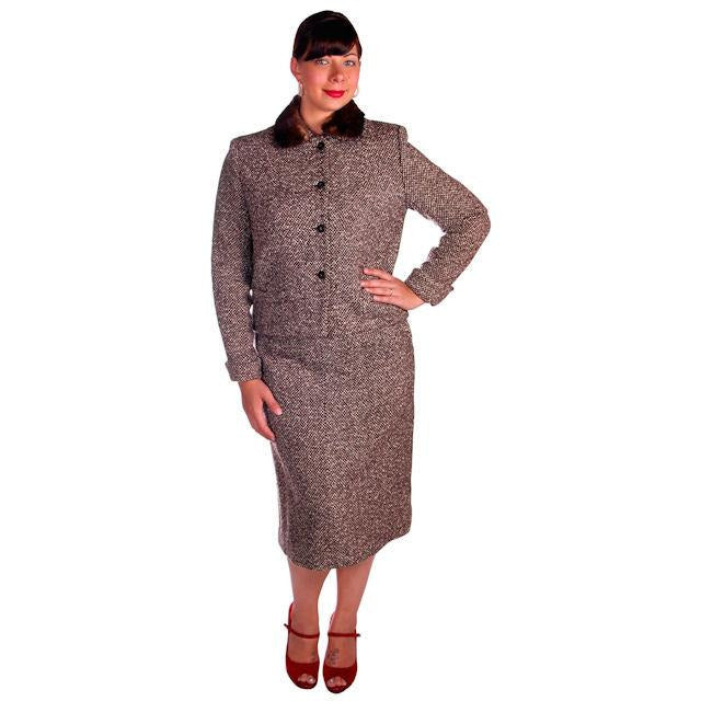 Vintage Brown Tweed Wool Ladies Suit Mink Collar 1950s 43-30-43 Women's The Best Vintage Clothing