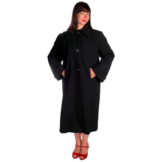 Vintage Black Wool Swing Coat Fab Sleeve Beading Details 1940s M-XL Women's The Best Vintage Clothing