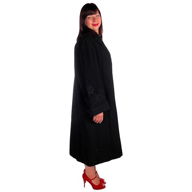Vintage Black Wool Swing Coat Fab Sleeve Beading Details 1940s M-XL Women's The Best Vintage Clothing