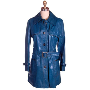 Vintage Ladies Leather Short Trench Coat Deep Turquoise 1970s Women's,New Arrivals vendor-unknown