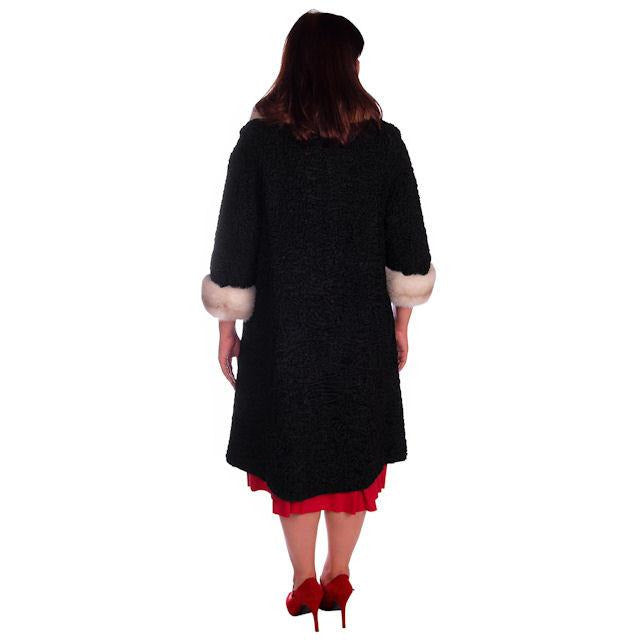 Vintage Swing Coat Black Karakul Fur Persian Lamb White Mink Trim Large 1950s M-L Women's The Best Vintage Clothing