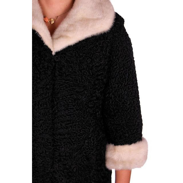Vintage Swing Coat Black Karakul Fur Persian Lamb White Mink Trim Large 1950s M-L Women's The Best Vintage Clothing