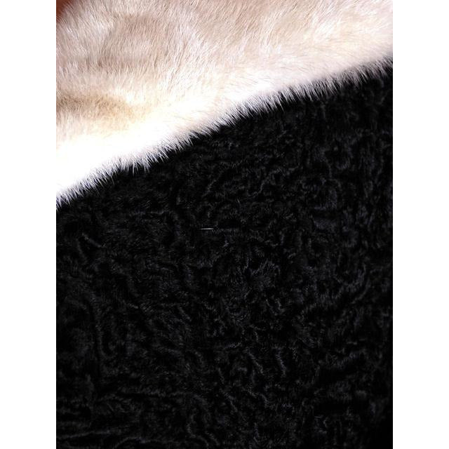 Vintage Swing Coat Black Karakul Fur Persian Lamb White Mink Trim Large 1950s M-L Women's The Best Vintage Clothing