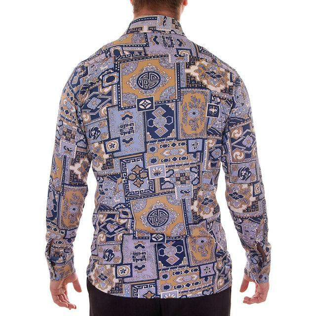 Mens Vintage Nylon Body Shirt 1970s Disco Style Large Geometric Print Men's Vintage,New Arrivals,On Sale The Best Vintage Clothing