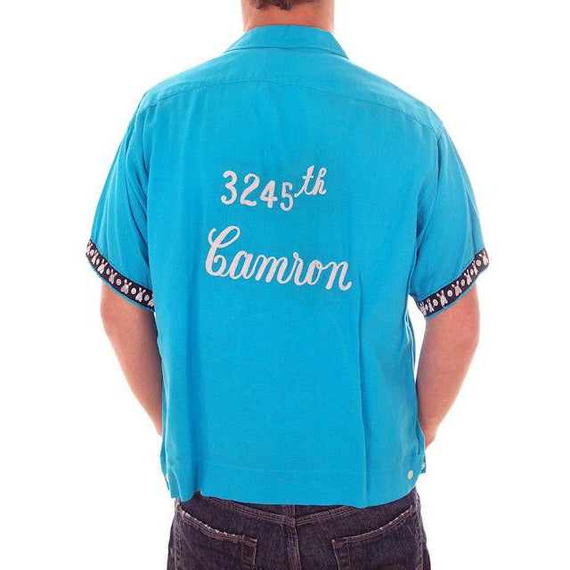 Vintage Mens Rayon Bowling Shirt Turquoise 3245th Camron Large - The Best Vintage Clothing
 - 1
