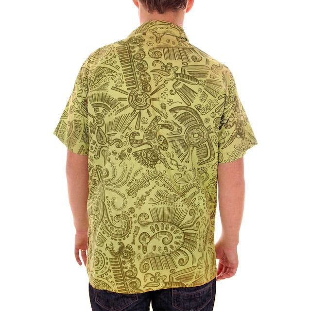 Vintage Mens Shirt Hawaiian Style Tribal Print Green 1970s Med Men's Vintage,New Arrivals The Best Vintage Clothing