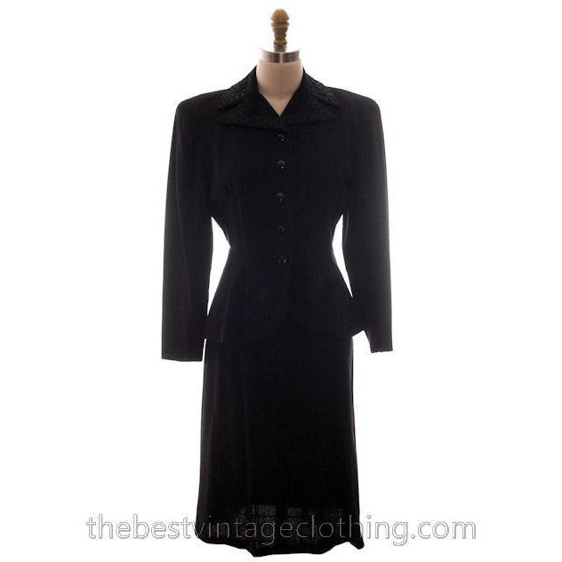 Vintage Suit Classic 1940s Ladies Black Crepe Swansdown Embellished Collar Small Women's,New Arrivals The Best Vintage Clothing