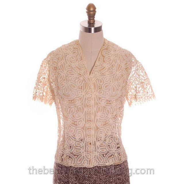 Amazing Vintage Blouse Cream Battenburg Tape Lace 1940s Med- Large Women's,New Arrivals The Best Vintage Clothing
