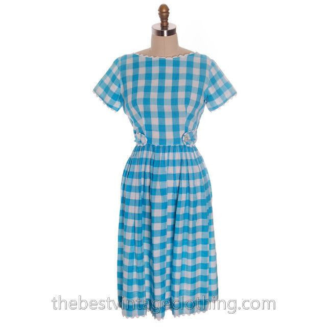 Cute Vintage Cotton Dress Large Scale Gingham Plaid Aqua & White Montgomery Wards 1950s S-M Women's,New Arrivals The Best Vintage Clothing