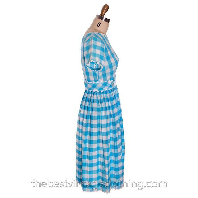 Cute Vintage Cotton Dress Large Scale Gingham Plaid Aqua & White Montgomery Wards 1950s S-M Women's,New Arrivals The Best Vintage Clothing