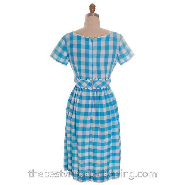 Cute Vintage Cotton Dress Large Scale Gingham Plaid Aqua & White Montgomery Wards 1950s S-M Women's,New Arrivals The Best Vintage Clothing