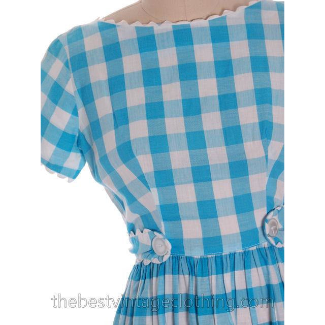 Cute Vintage Cotton Dress Large Scale Gingham Plaid Aqua & White Montgomery Wards 1950s S-M Women's,New Arrivals The Best Vintage Clothing