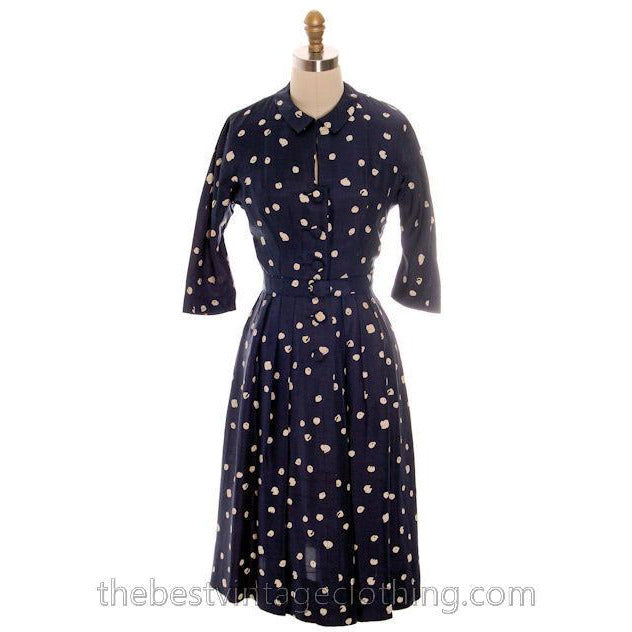 Vintage 1950s Dress Silk Navy Blue & Cream Cotton Ball Print 3/4 Sleeves Small 6-8 Women's,New Arrivals The Best Vintage Clothing